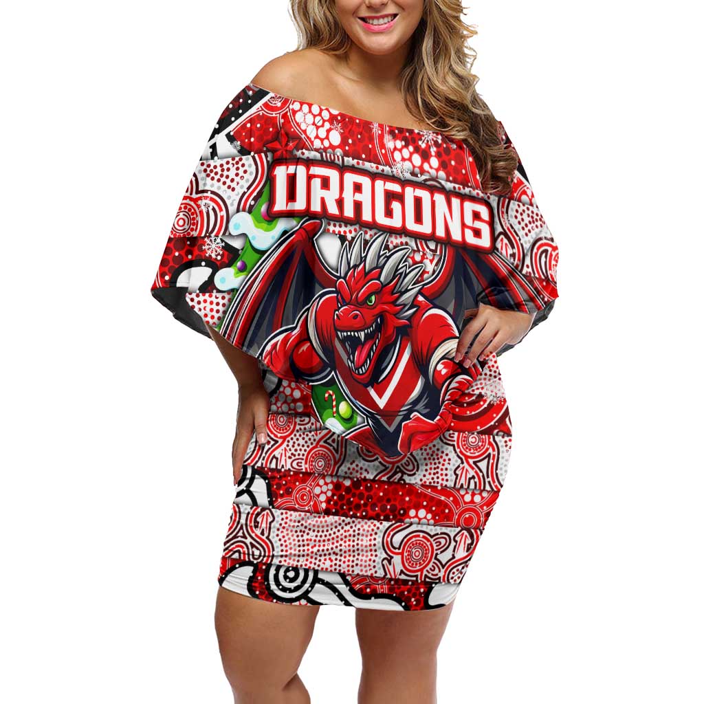 Custom Dragons Rugby Merry Christmas Family Matching Off Shoulder Short Dress and Hawaiian Shirt Indigenous Australian Art