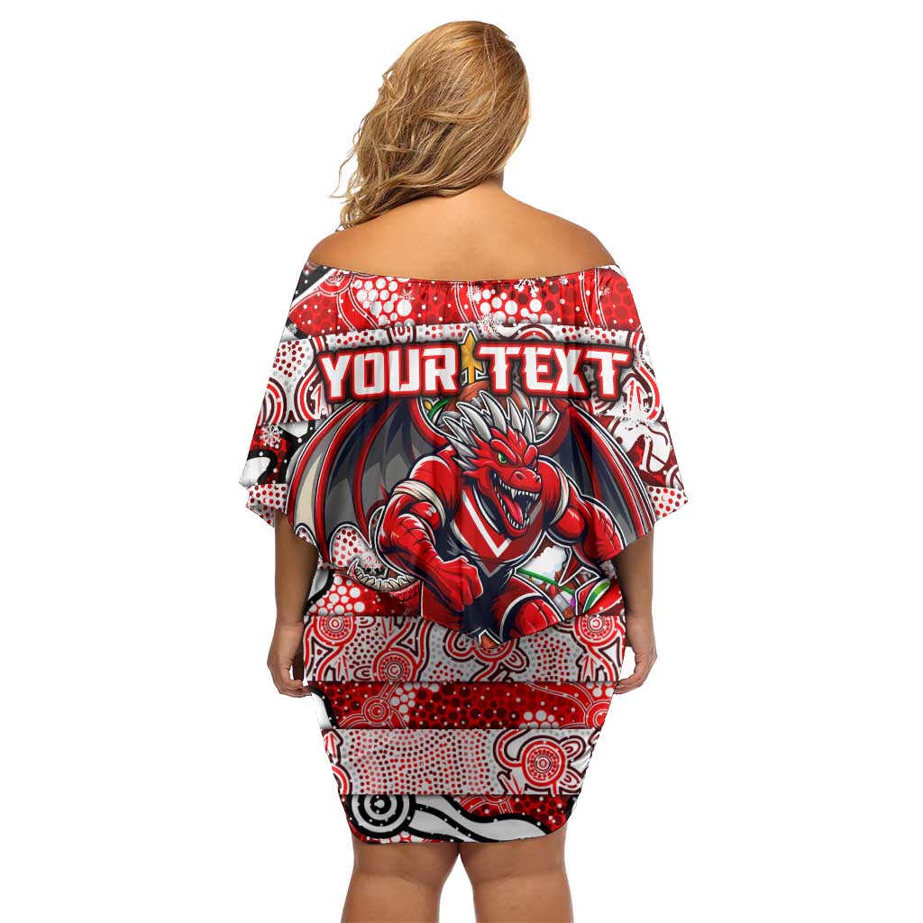 Custom Dragons Rugby Merry Christmas Family Matching Off Shoulder Short Dress and Hawaiian Shirt Indigenous Australian Art