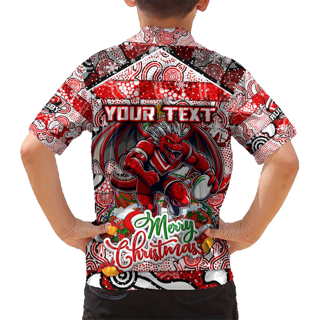 Custom Dragons Rugby Merry Christmas Family Matching Short Sleeve Bodycon Dress and Hawaiian Shirt Indigenous Australian Art