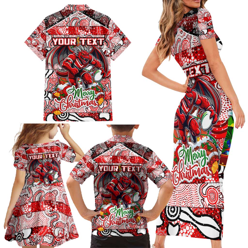 Custom Dragons Rugby Merry Christmas Family Matching Short Sleeve Bodycon Dress and Hawaiian Shirt Indigenous Australian Art