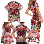 Custom Dragons Rugby Merry Christmas Family Matching Short Sleeve Bodycon Dress and Hawaiian Shirt Indigenous Australian Art