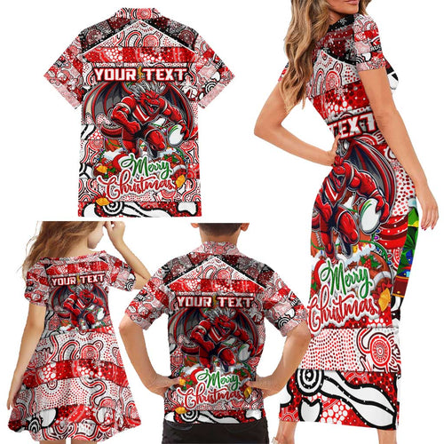 Custom Dragons Rugby Merry Christmas Family Matching Short Sleeve Bodycon Dress and Hawaiian Shirt Indigenous Australian Art