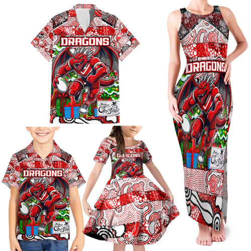 Custom Dragons Rugby Merry Christmas Family Matching Tank Maxi Dress and Hawaiian Shirt Indigenous Australian Art