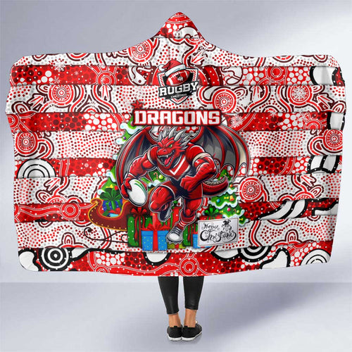 Dragons Rugby Merry Christmas Hooded Blanket Indigenous Australian Art