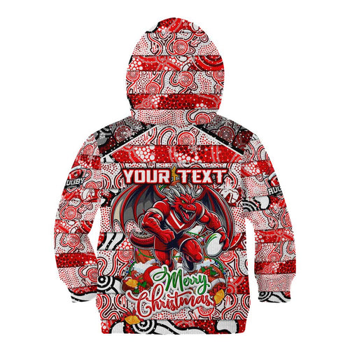 Custom Dragons Rugby Merry Christmas Kid Hoodie Indigenous Australian Art