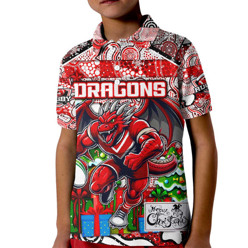 Custom Dragons Rugby Merry Christmas Kid Polo Shirt Indigenous Australian Art
