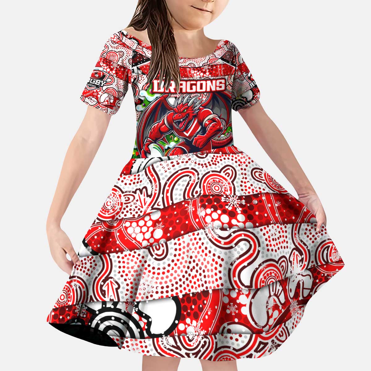 Custom Dragons Rugby Merry Christmas Kid Short Sleeve Dress Indigenous Australian Art