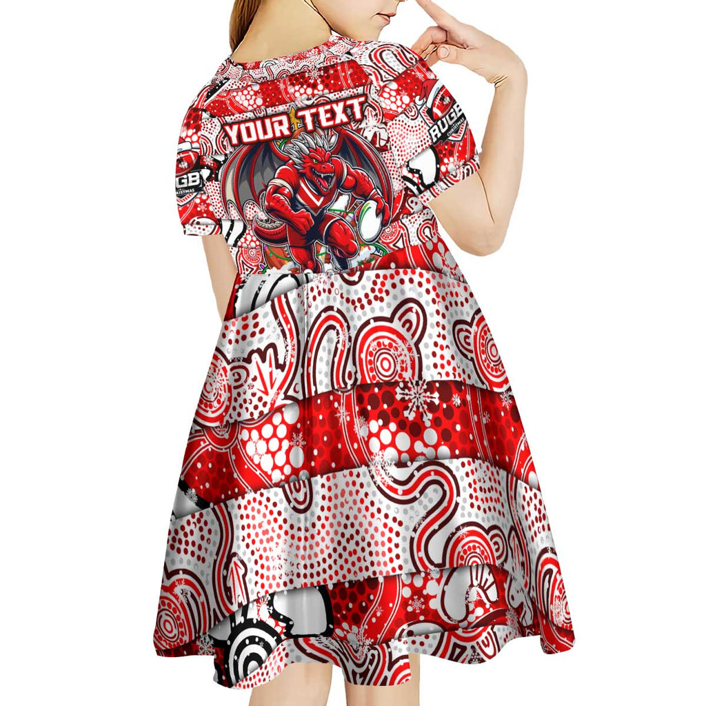 Custom Dragons Rugby Merry Christmas Kid Short Sleeve Dress Indigenous Australian Art