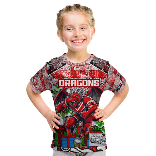 Custom Dragons Rugby Merry Christmas Kid T Shirt Indigenous Australian Art