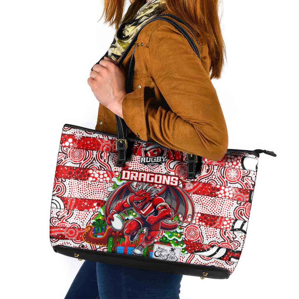 Dragons Rugby Merry Christmas Leather Tote Bag Indigenous Australian Art