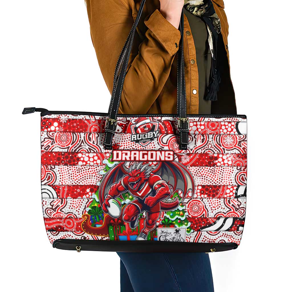Dragons Rugby Merry Christmas Leather Tote Bag Indigenous Australian Art