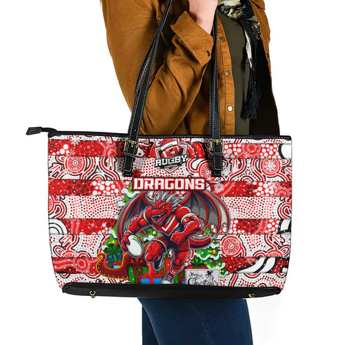 Dragons Rugby Merry Christmas Leather Tote Bag Indigenous Australian Art