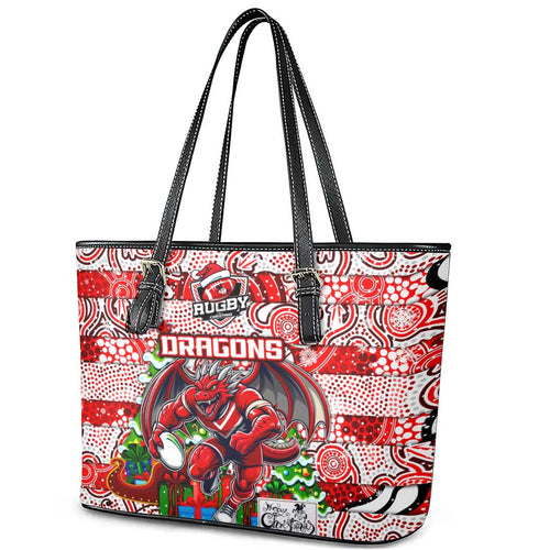 Dragons Rugby Merry Christmas Leather Tote Bag Indigenous Australian Art
