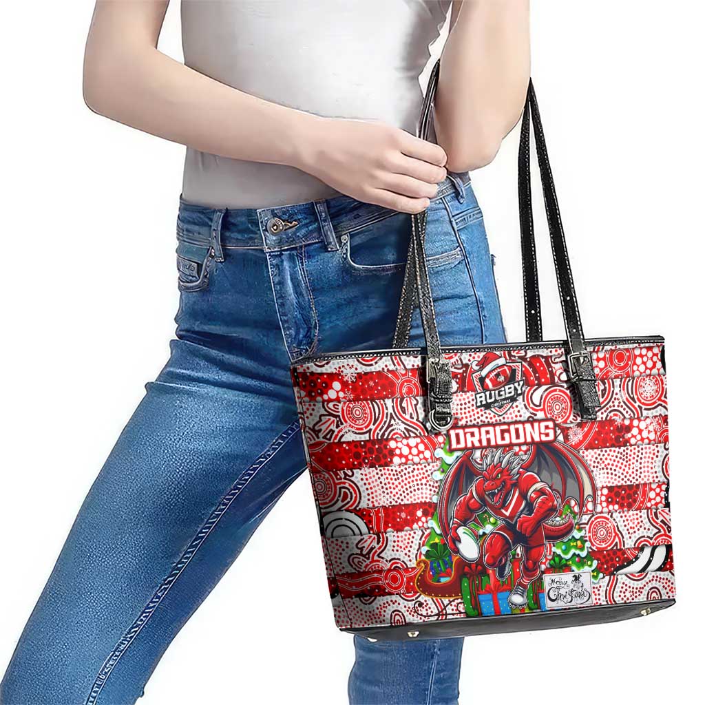 Dragons Rugby Merry Christmas Leather Tote Bag Indigenous Australian Art