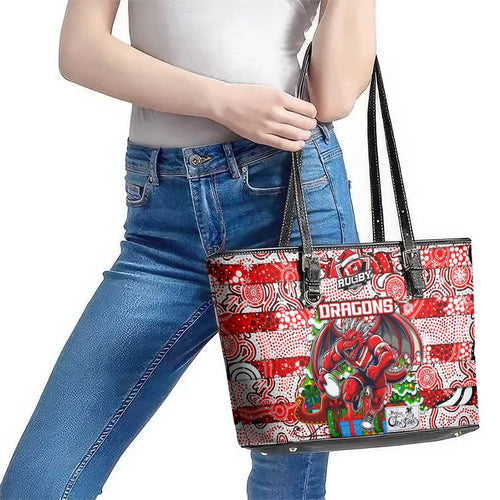 Dragons Rugby Merry Christmas Leather Tote Bag Indigenous Australian Art