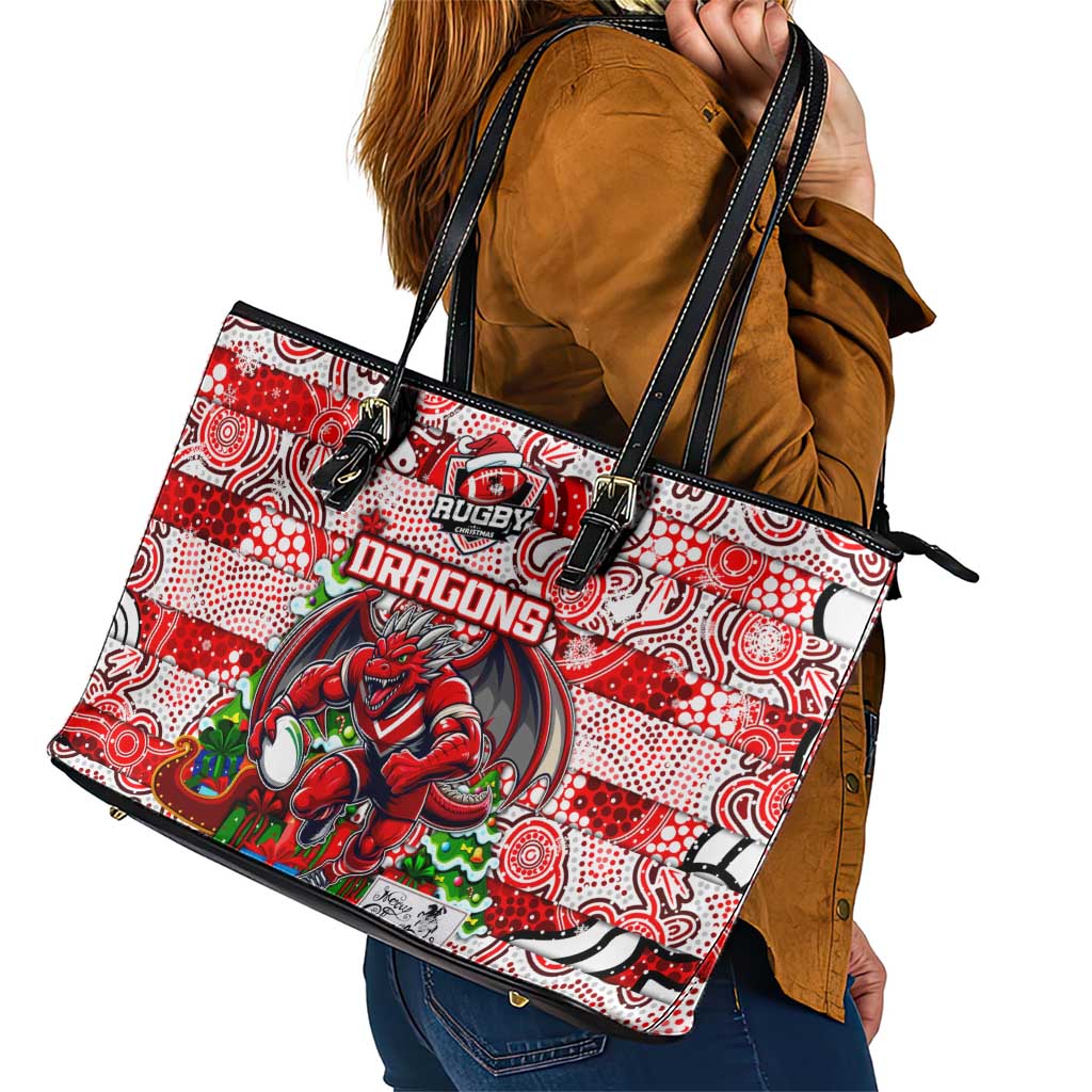 Dragons Rugby Merry Christmas Leather Tote Bag Indigenous Australian Art