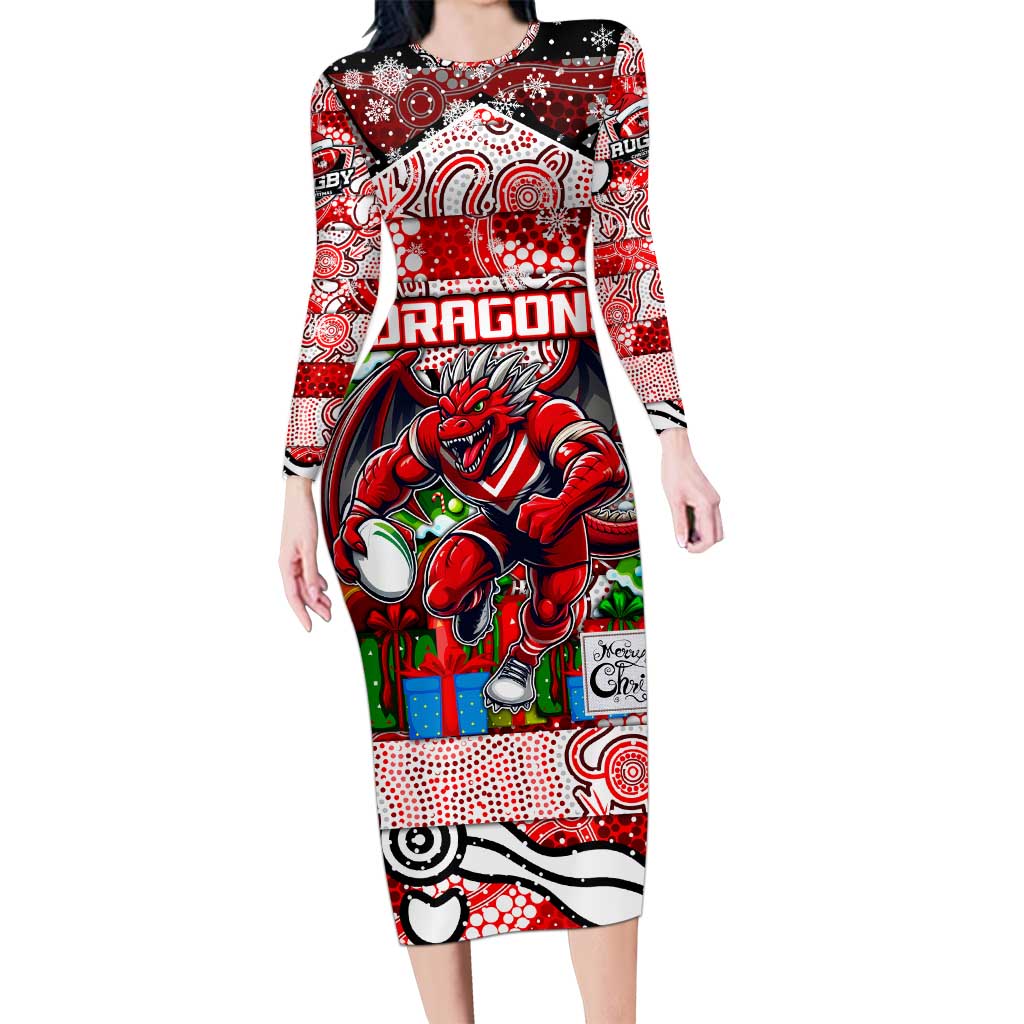 Custom Dragons Rugby Merry Christmas Long Sleeve Bodycon Dress Indigenous Australian Art