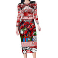 Custom Dragons Rugby Merry Christmas Long Sleeve Bodycon Dress Indigenous Australian Art