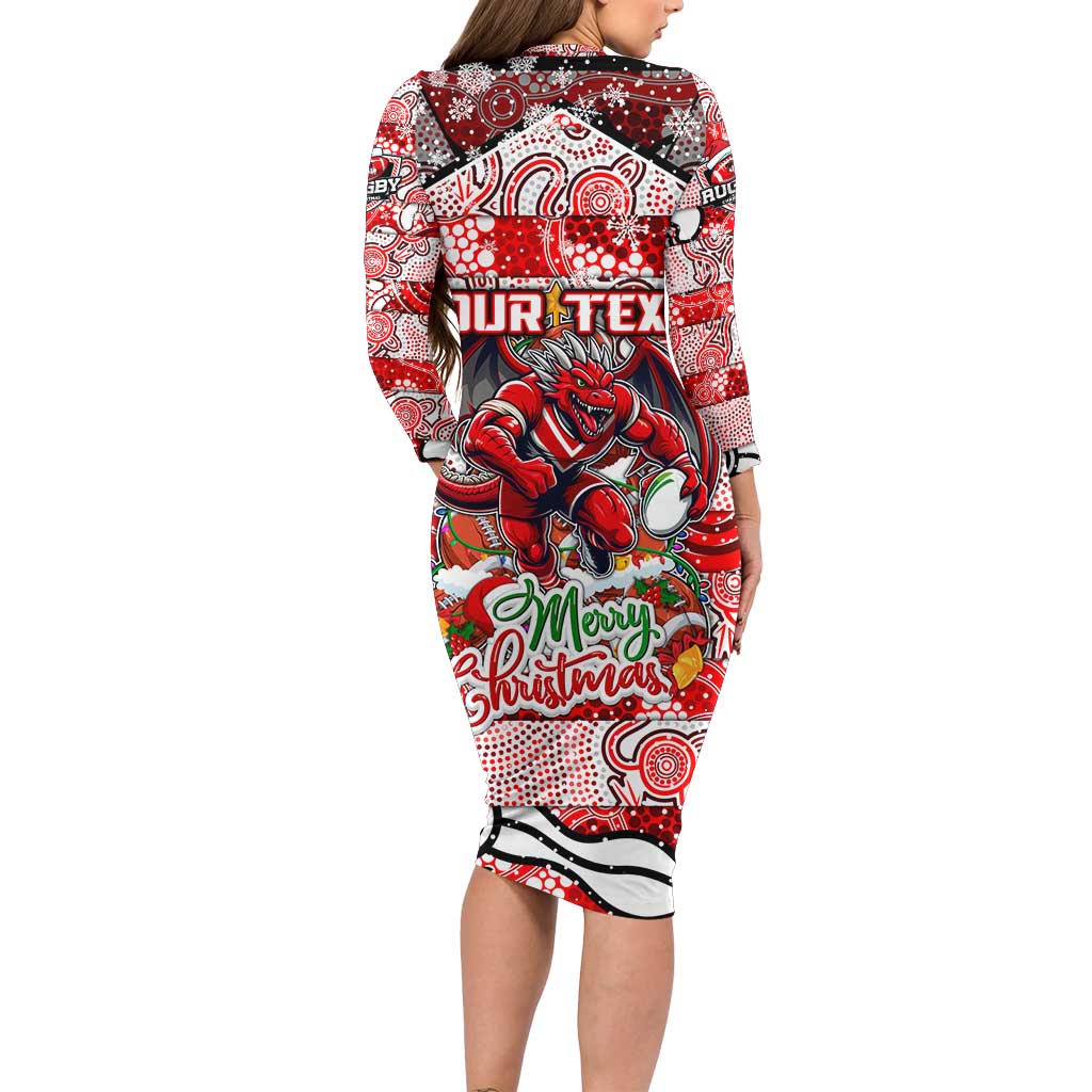 Custom Dragons Rugby Merry Christmas Long Sleeve Bodycon Dress Indigenous Australian Art