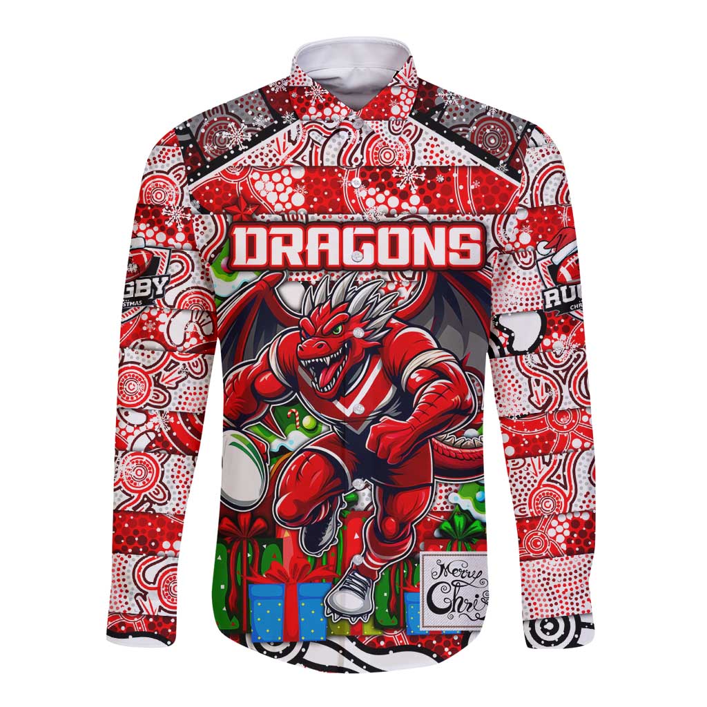 Custom Dragons Rugby Merry Christmas Long Sleeve Button Shirt Indigenous Australian Art