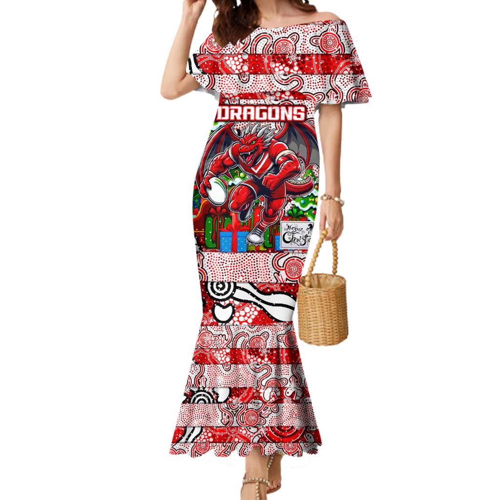 Custom Dragons Rugby Merry Christmas Mermaid Dress Indigenous Australian Art