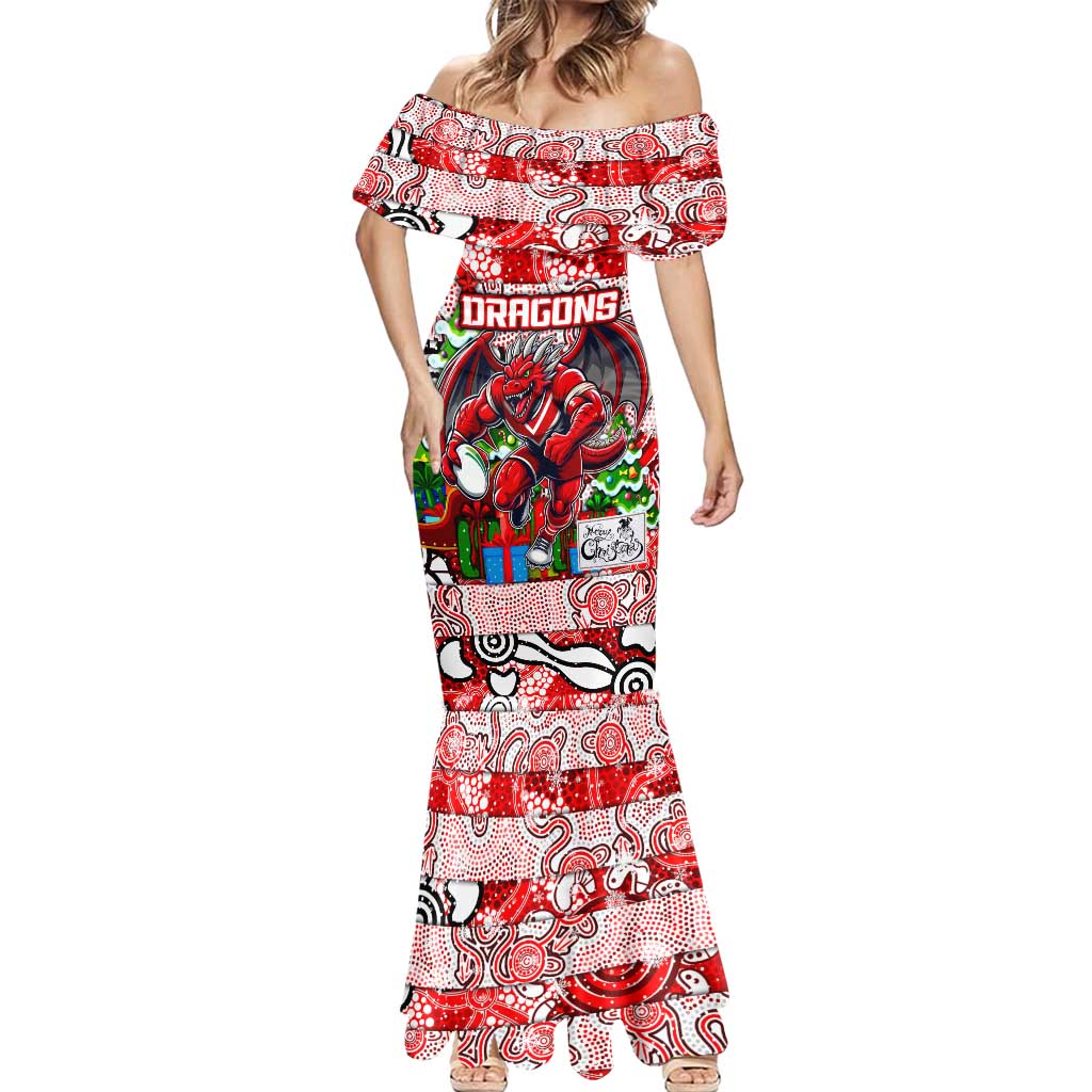 Custom Dragons Rugby Merry Christmas Mermaid Dress Indigenous Australian Art