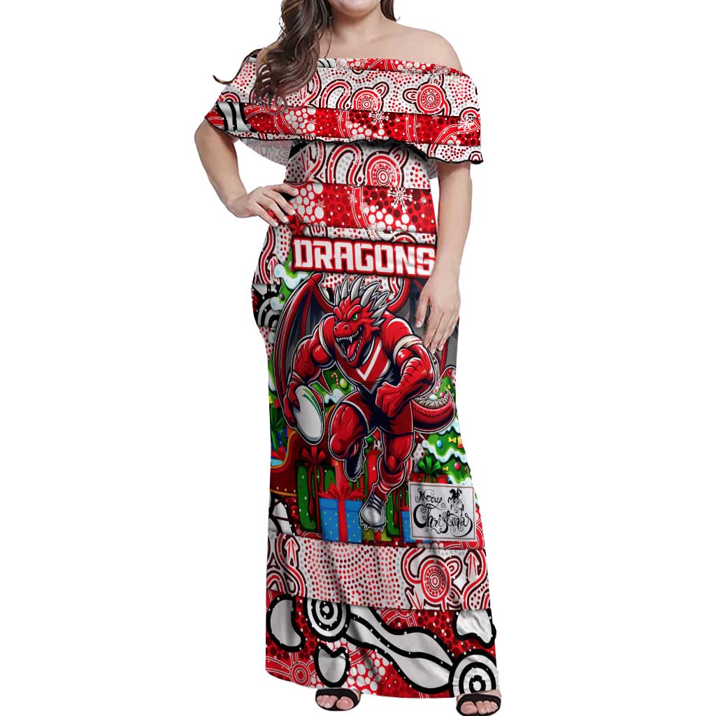 Custom Dragons Rugby Merry Christmas Off Shoulder Maxi Dress Indigenous Australian Art