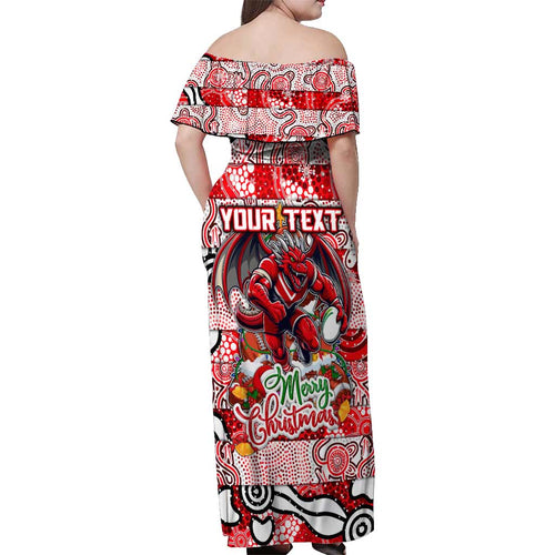 Custom Dragons Rugby Merry Christmas Off Shoulder Maxi Dress Indigenous Australian Art