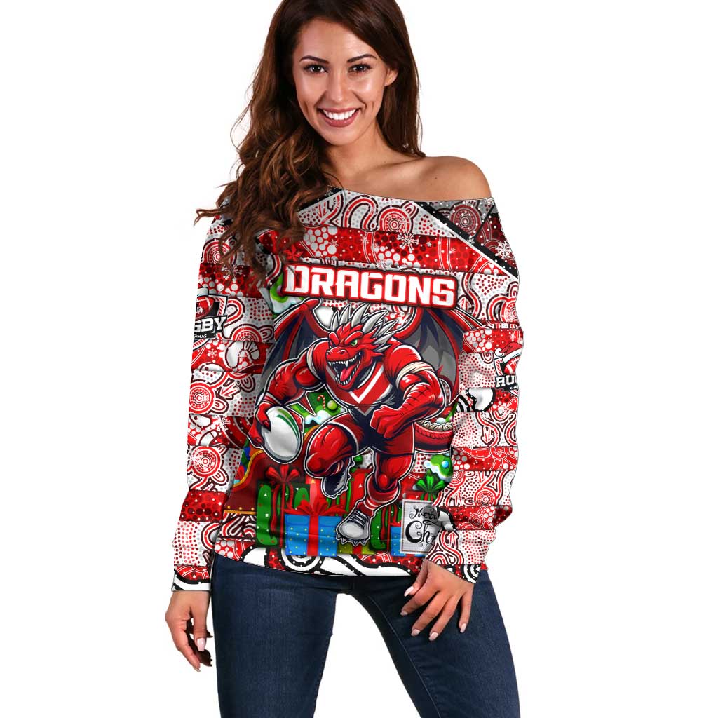 Custom Dragons Rugby Merry Christmas Off Shoulder Sweater Indigenous Australian Art