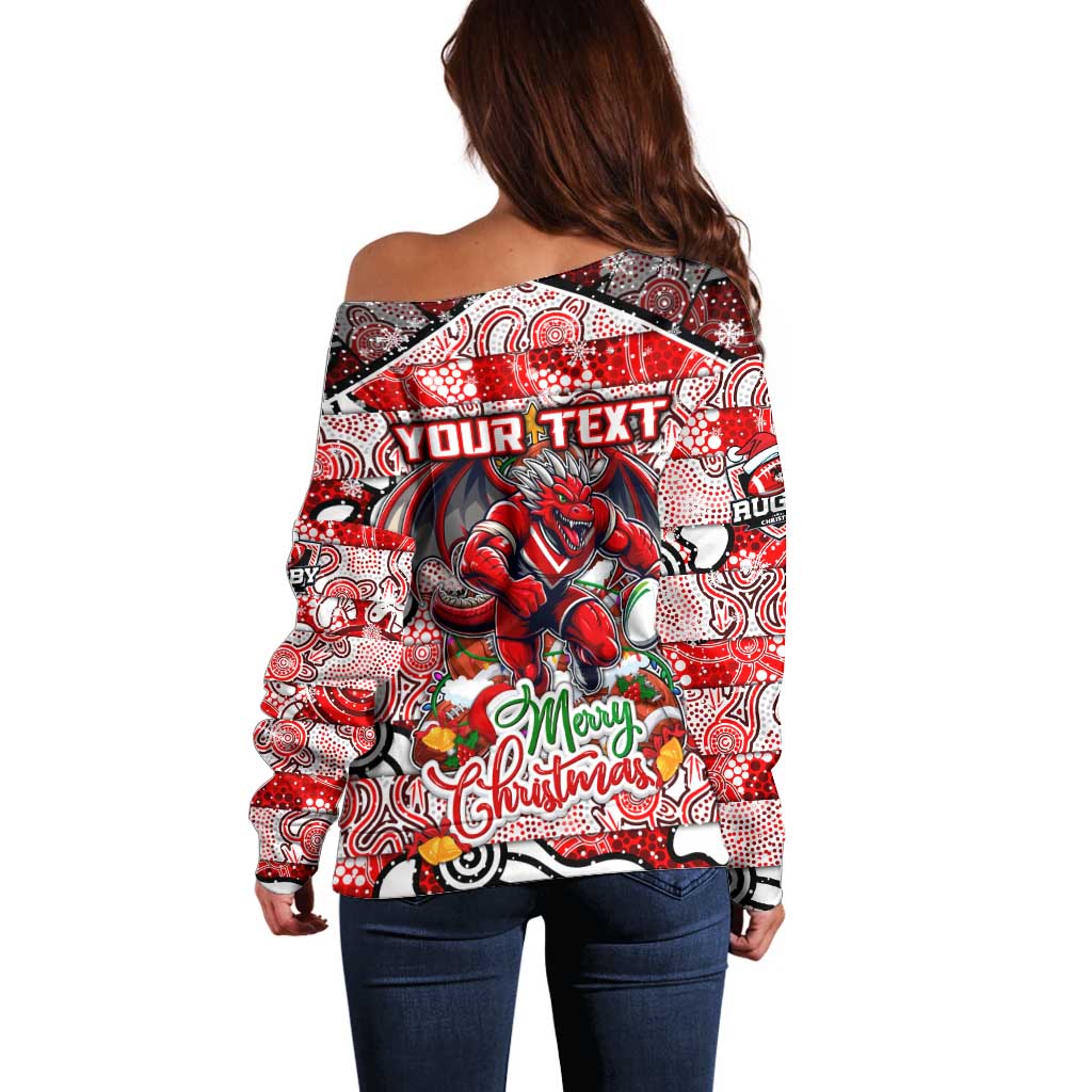 Custom Dragons Rugby Merry Christmas Off Shoulder Sweater Indigenous Australian Art