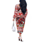 Custom Dragons Rugby Merry Christmas Off The Shoulder Long Sleeve Dress Indigenous Australian Art