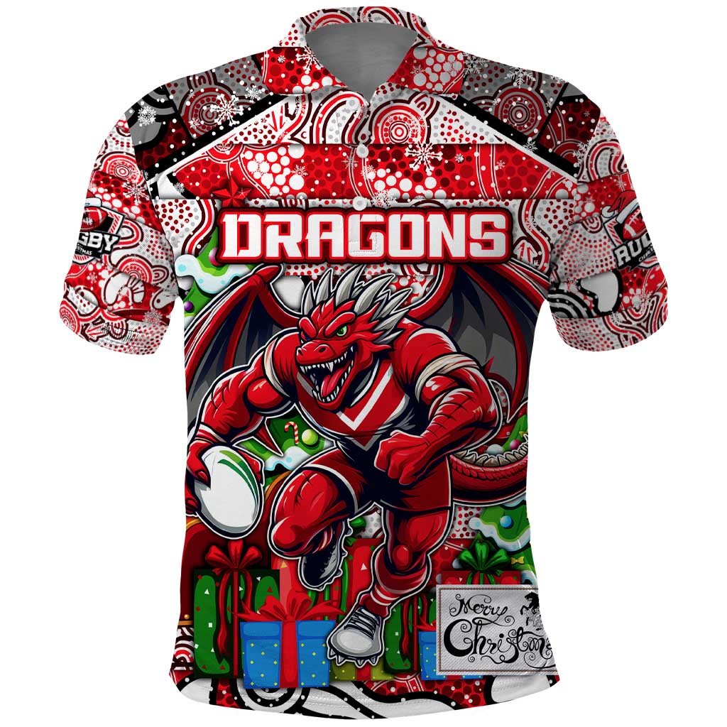 Custom Dragons Rugby Merry Christmas Polo Shirt Indigenous Australian Art