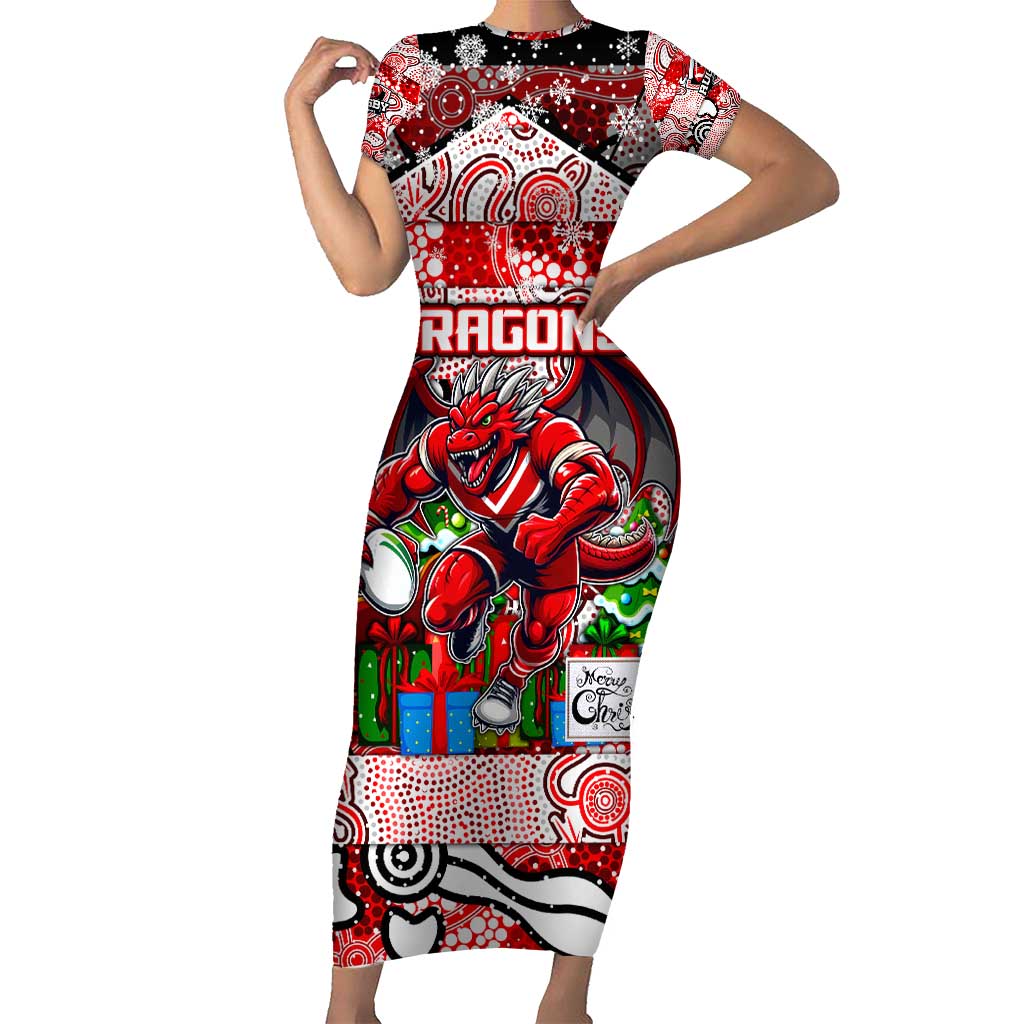 Custom Dragons Rugby Merry Christmas Short Sleeve Bodycon Dress Indigenous Australian Art