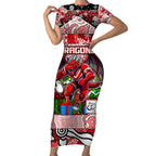 Custom Dragons Rugby Merry Christmas Short Sleeve Bodycon Dress Indigenous Australian Art