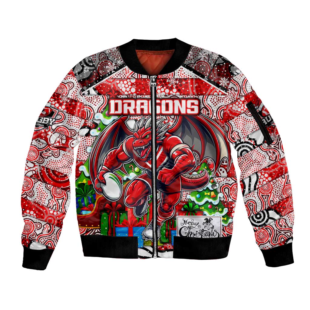 Custom Dragons Rugby Merry Christmas Sleeve Zip Bomber Jacket Indigenous Australian Art
