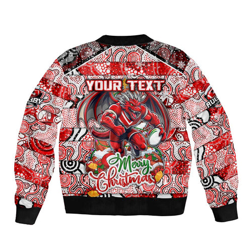 Custom Dragons Rugby Merry Christmas Sleeve Zip Bomber Jacket Indigenous Australian Art