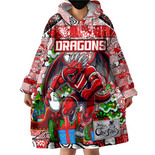 Custom Dragons Rugby Merry Christmas Wearable Blanket Hoodie Indigenous Australian Art