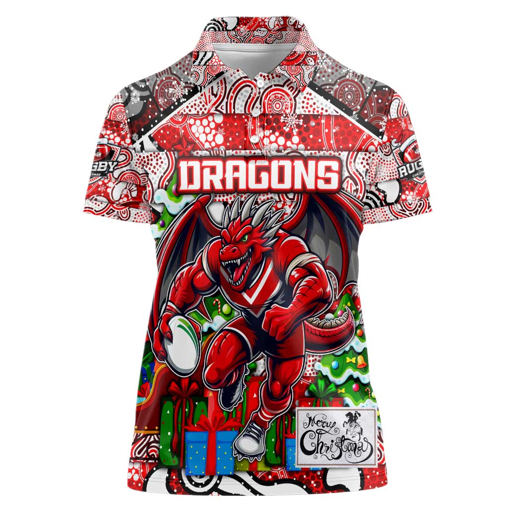 Custom Dragons Rugby Merry Christmas Women Polo Shirt Indigenous Australian Art