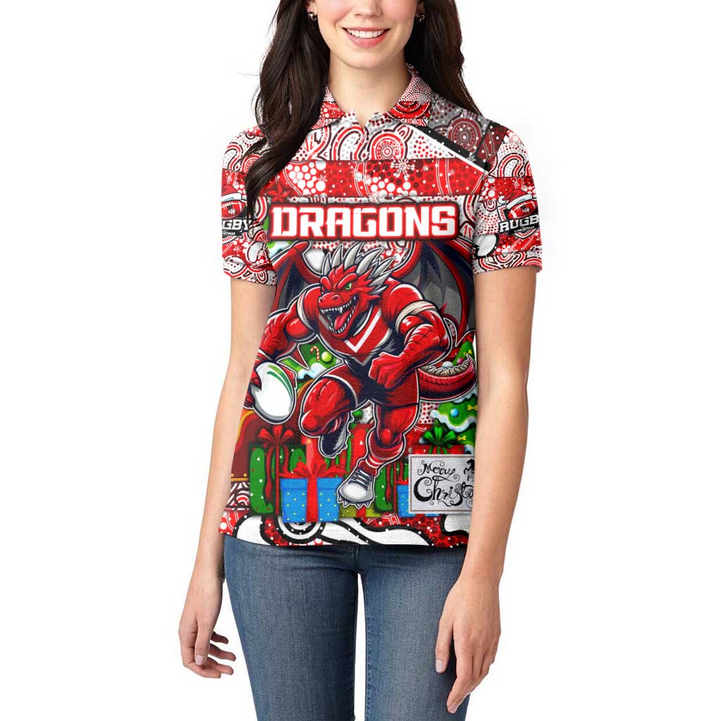 Custom Dragons Rugby Merry Christmas Women Polo Shirt Indigenous Australian Art