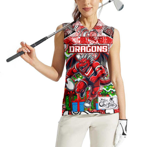 Custom Dragons Rugby Merry Christmas Women Sleeveless Polo Shirt Indigenous Australian Art