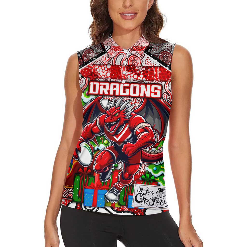 Custom Dragons Rugby Merry Christmas Women Sleeveless Polo Shirt Indigenous Australian Art