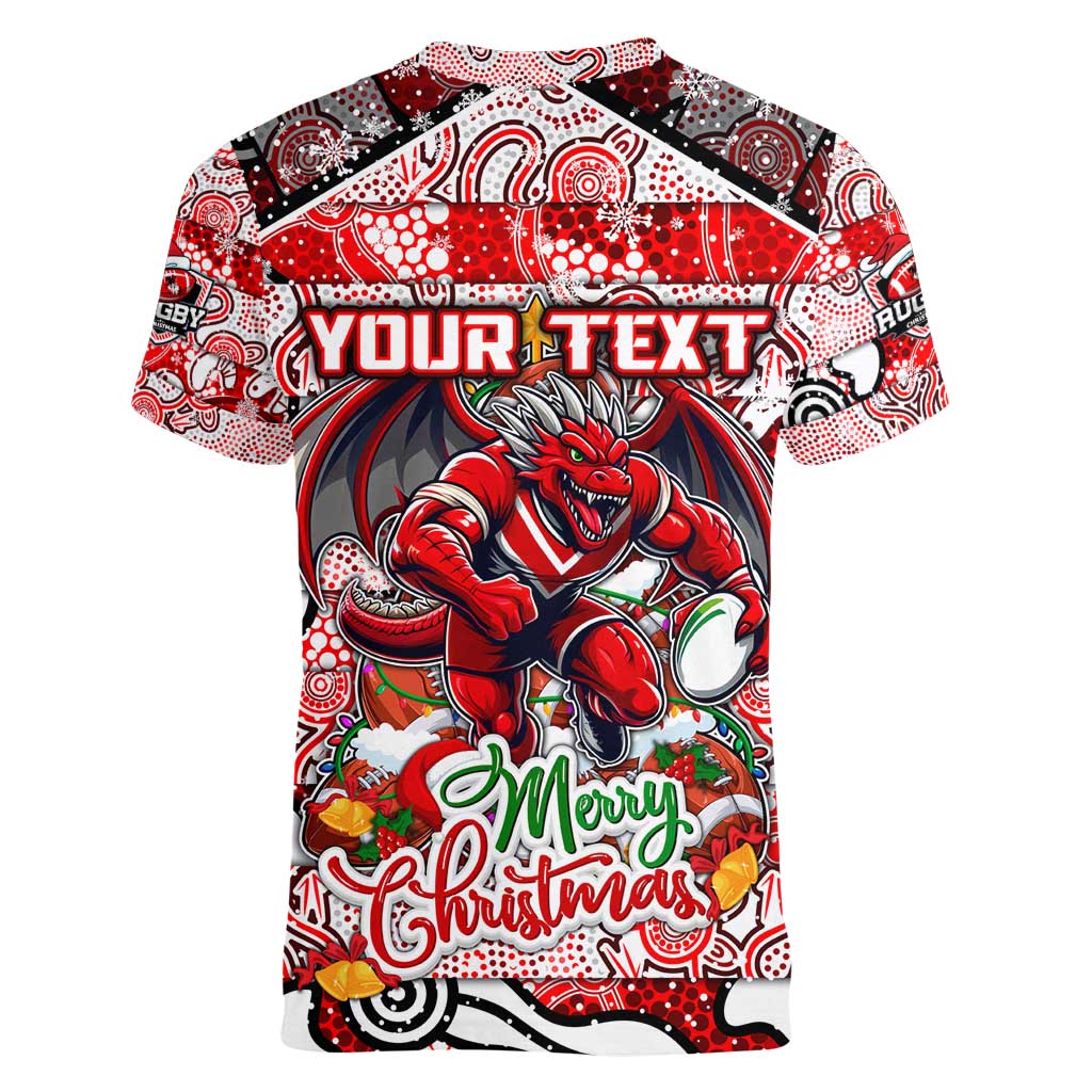 Custom Dragons Rugby Merry Christmas Women V-Neck T-Shirt Indigenous Australian Art