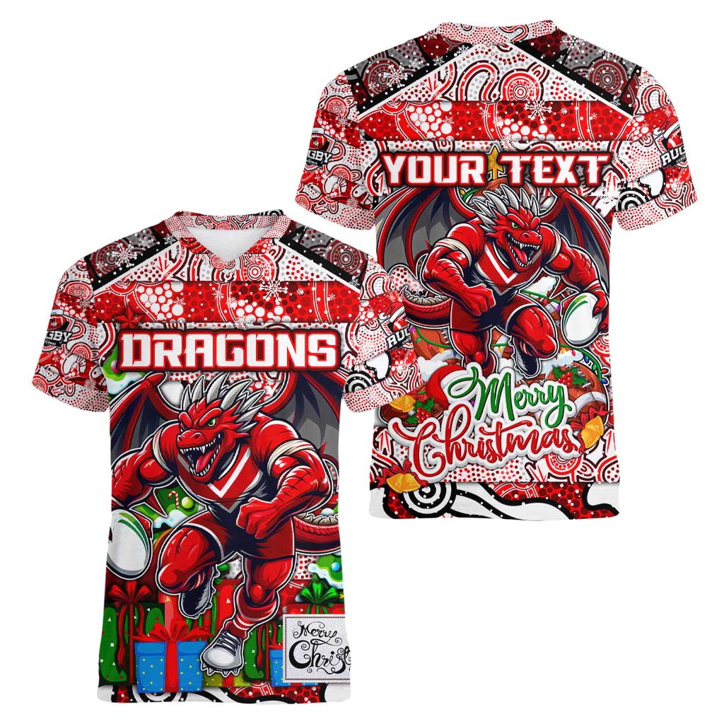 Custom Dragons Rugby Merry Christmas Women V-Neck T-Shirt Indigenous Australian Art