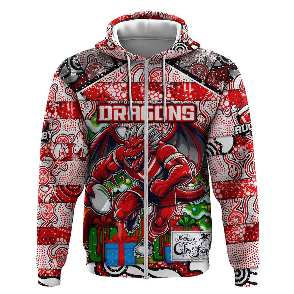 Custom Dragons Rugby Merry Christmas Zip Hoodie Indigenous Australian Art