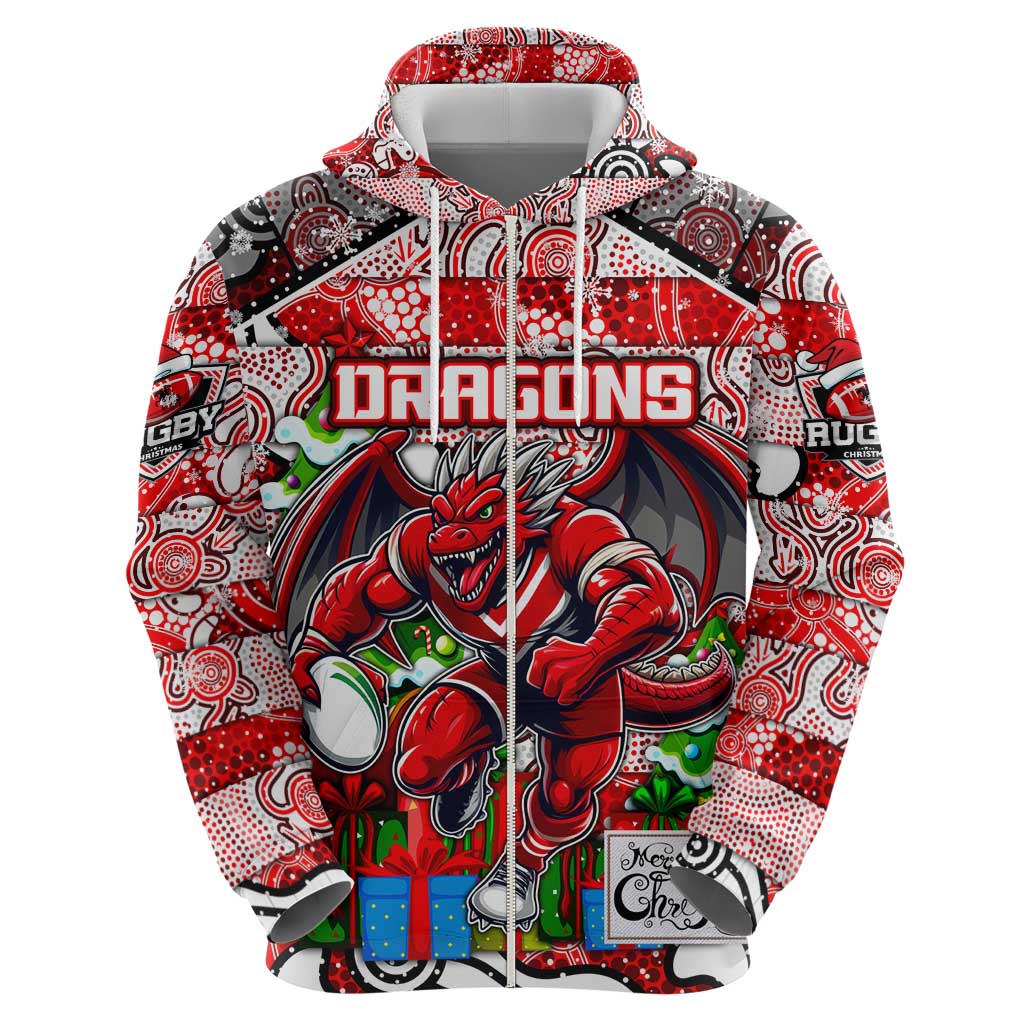 Custom Dragons Rugby Merry Christmas Zip Hoodie Indigenous Australian Art