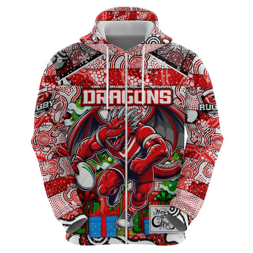 Custom Dragons Rugby Merry Christmas Zip Hoodie Indigenous Australian Art