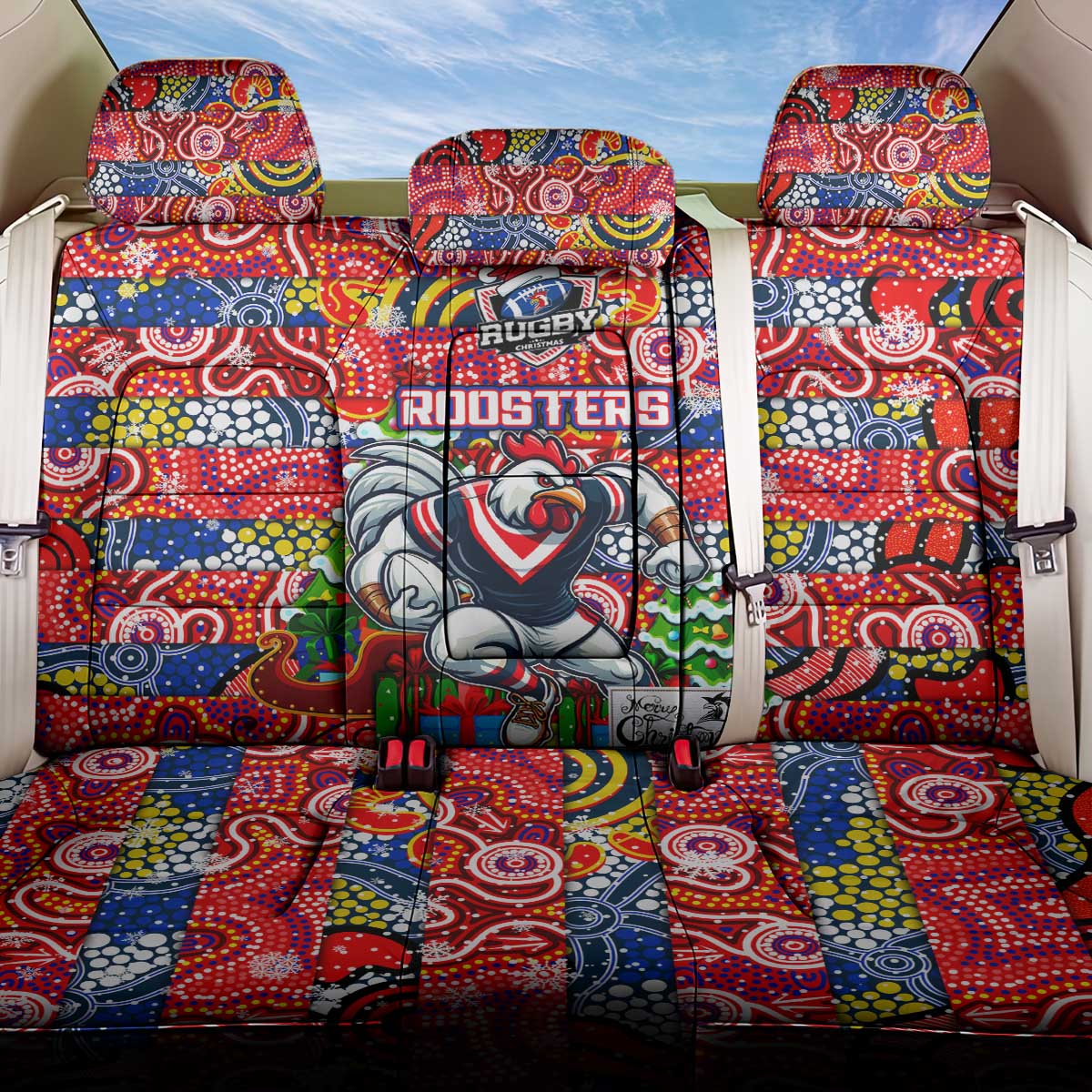 Roosters Rugby Merry Christmas Back Car Seat Cover Indigenous Australian Art