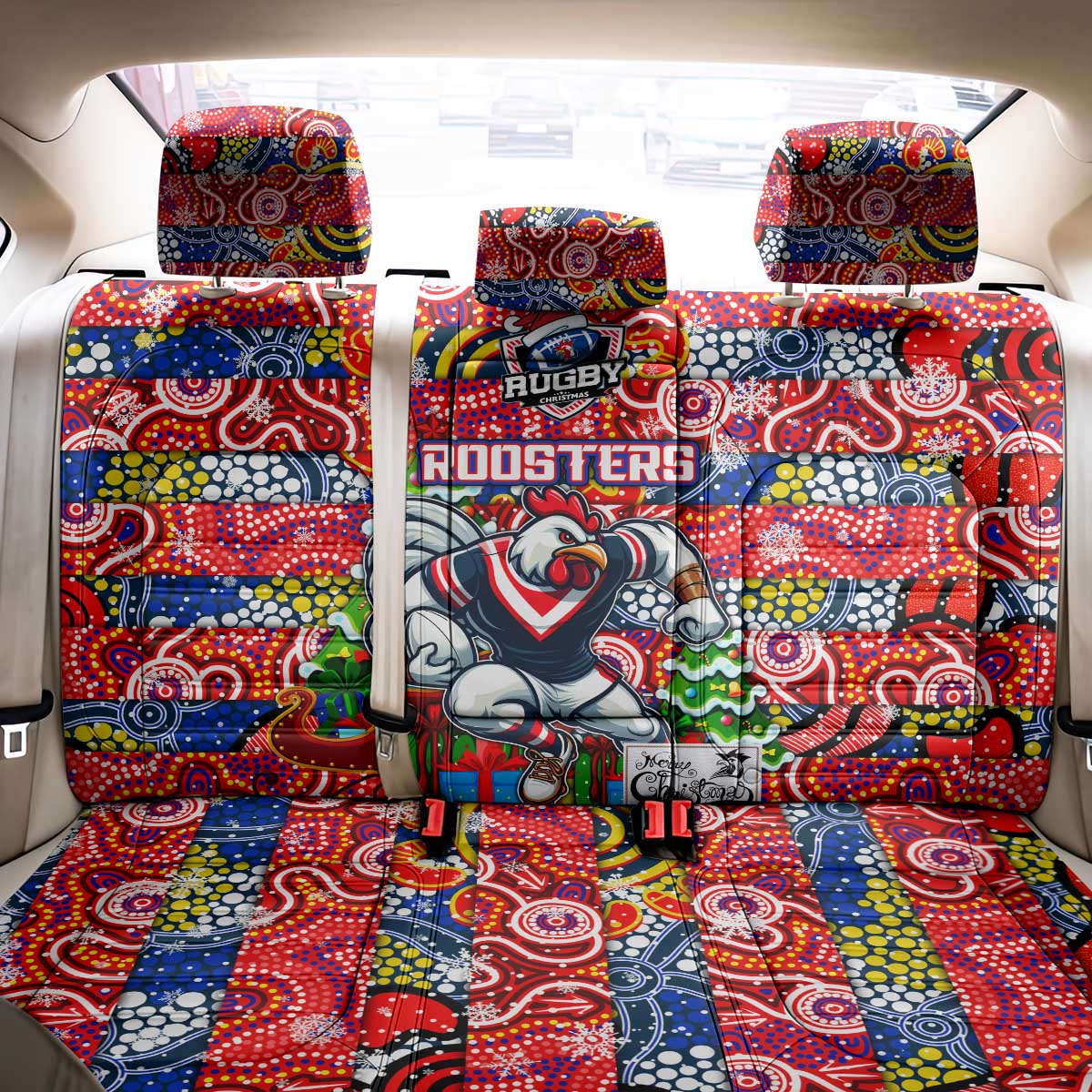 Roosters Rugby Merry Christmas Back Car Seat Cover Indigenous Australian Art