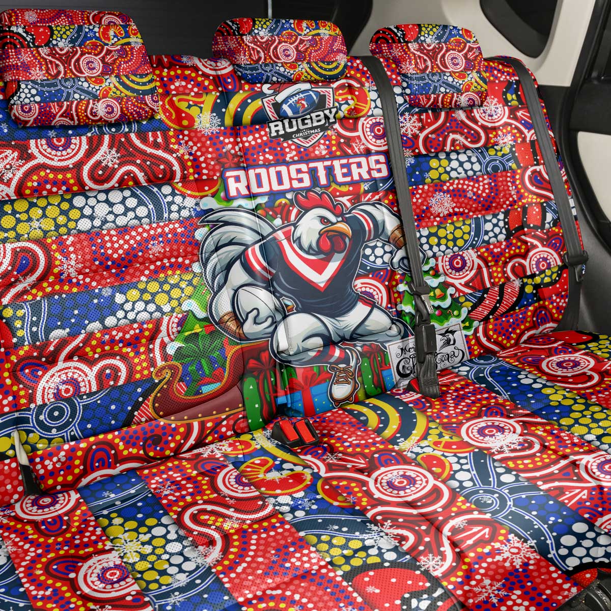 Roosters Rugby Merry Christmas Back Car Seat Cover Indigenous Australian Art