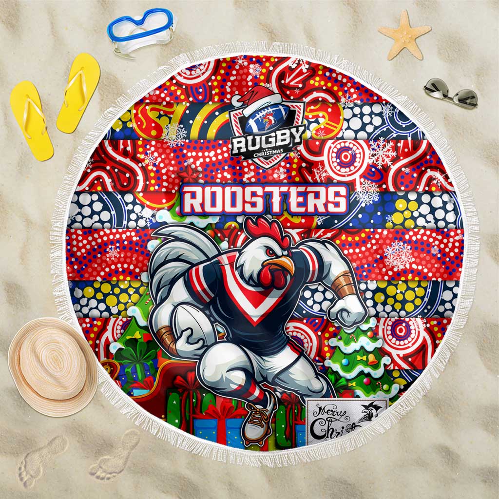 Roosters Rugby Merry Christmas Beach Blanket Indigenous Australian Art